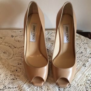 Jimmy Choo Comet Kid Leather Nude Peep Toe Pumps